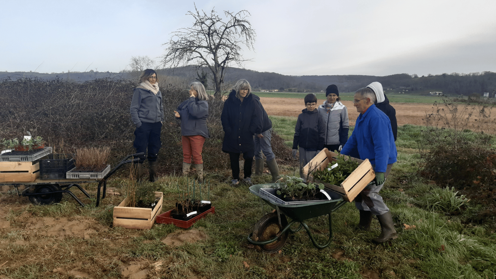 Groupe mobilisé pour la plantation chez Marie-Claire Gotti.